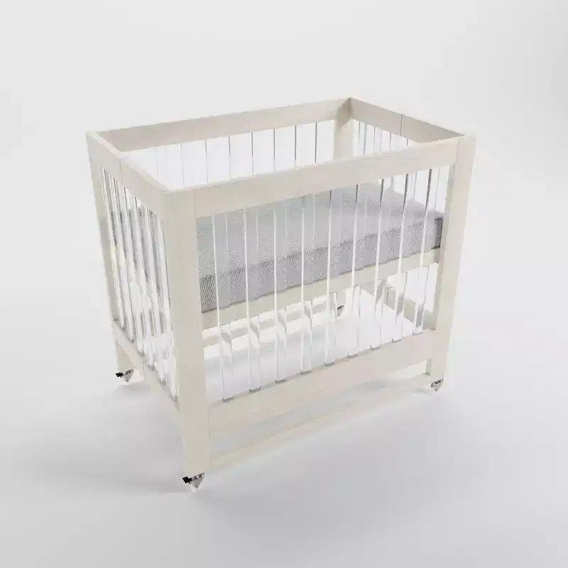 MelO Caress Foldable Crib, Modern Acrylic Frame with 4 Height Levels, Smooth Wheels & Easy Folding Design  Washed White