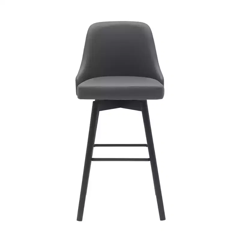 HomeRoots 30 Gray and Black Faux Leather with Solid Wood Swivel Bar Height Bar Chair