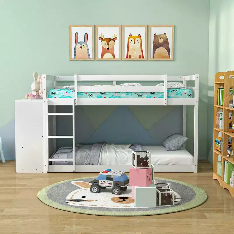 Twin Over Twin Bunk Bed with Bookcase, Storage Shelves & Ladder – White