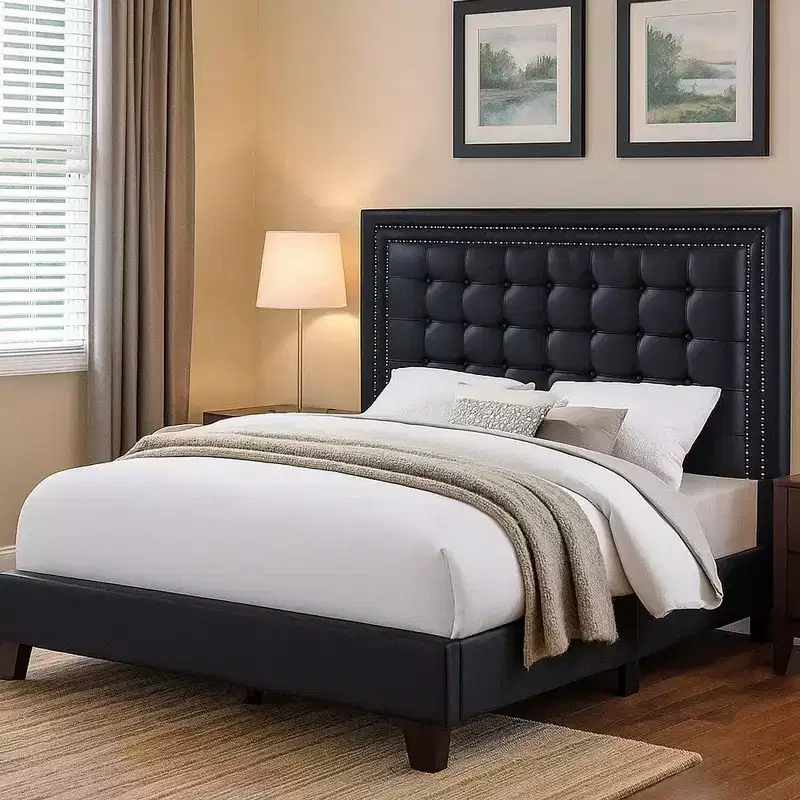Royal Hampton Modern Platform Queen Bed, Deep Tufted Upholstery, Black Faux Leather