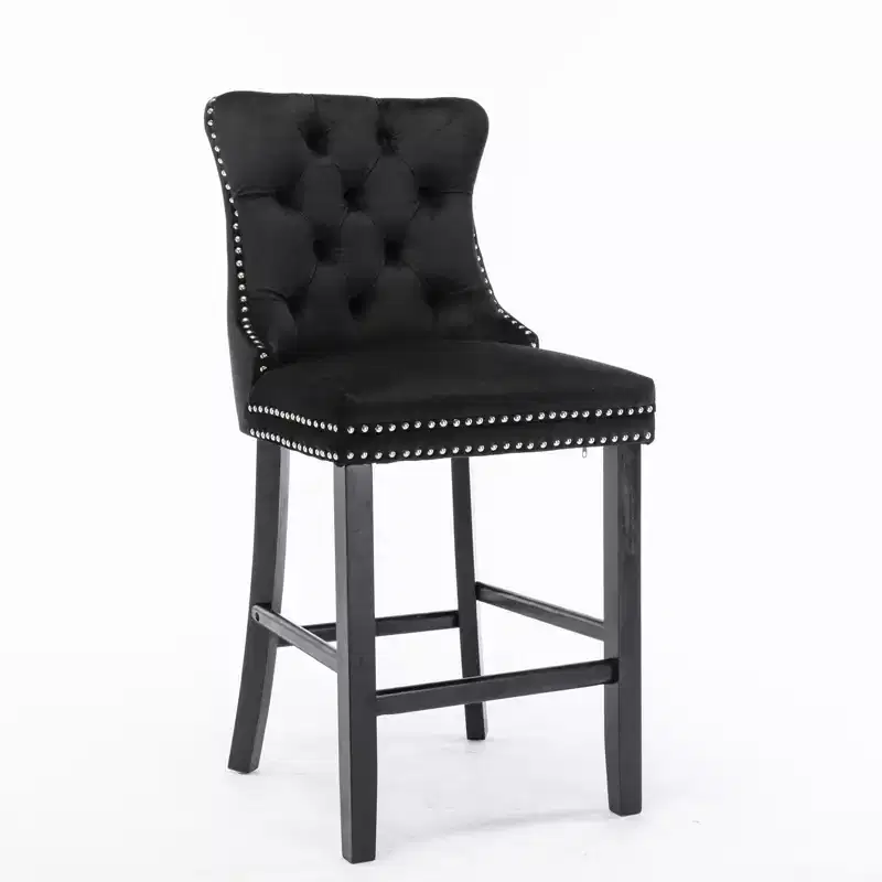 CLIHOME Set of 2 Bar Chairs, Contemporary Velvet Upholstered Barstools with Button Tufted Decoration and Wooden Legs