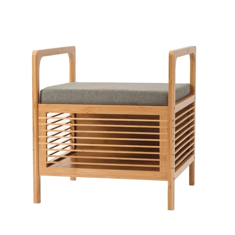 Bamboo Square Storage Bench with Foam Padded Cushion, Natural, 19.5