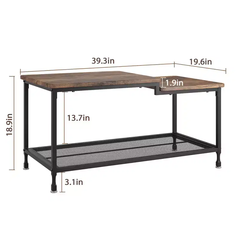 Coffee table, two-tiered rustic center table with grid shelf, industrial style living room table, cocktail table with adjustable feet