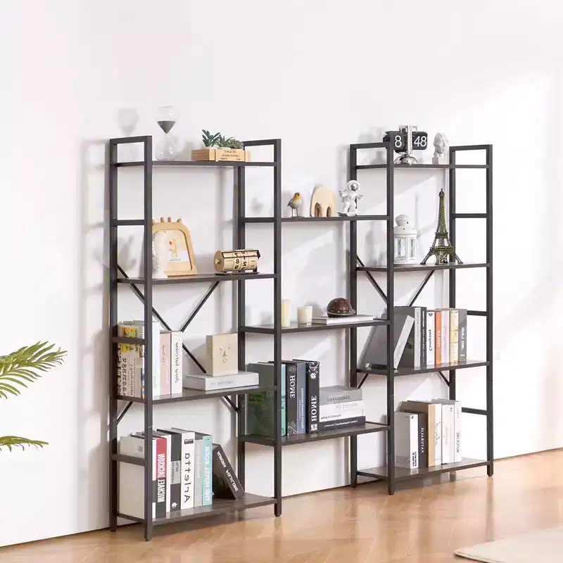 Triple Metal 11-Tier Industrial Bookshelf, Rustic Vintage Open Shelving Display