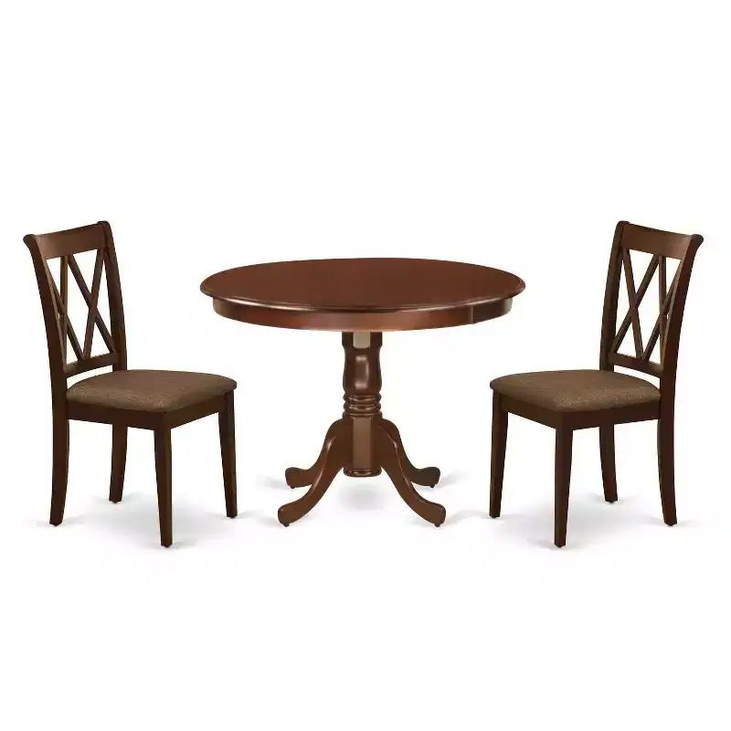 HomeStock 3-Pc Mahogany Finish Solid Wood Top - Round Dining Room Set - Seats 4