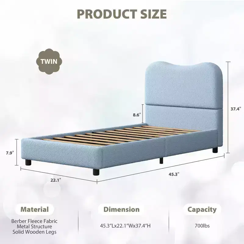 Fabric bed frame with upholstered headboard, soft and sturdy, rounded corner design, durable, wooden slats, no noise, no box spring mattress required