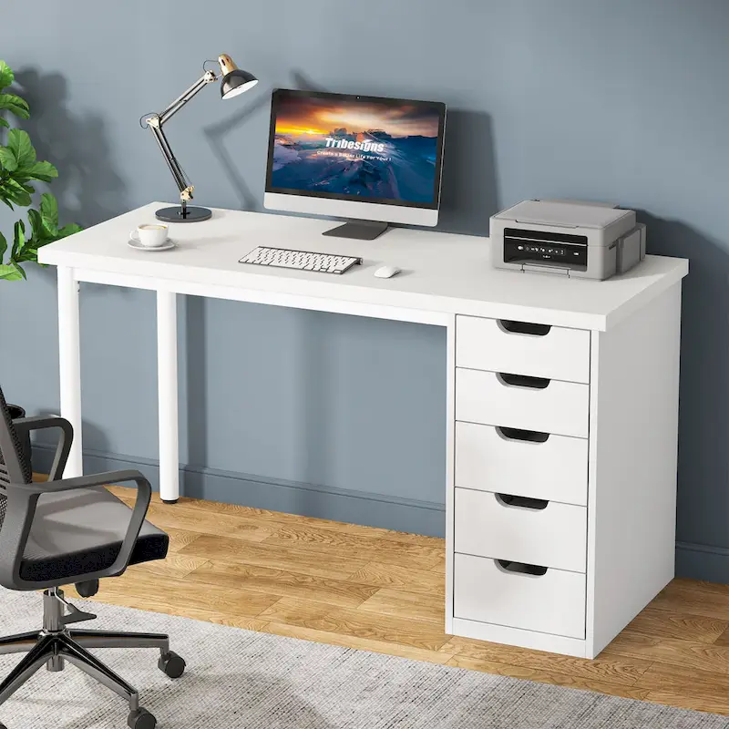 47 inch Computer Wood Desk Office Desks with 5-Drawer, Writing Desk with Metal Frame for Bedroom Study