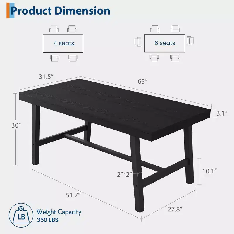 COZONY Industrial Dining Table with Metal Frame, Long Kitchen Table for Dining Room or Kitchen