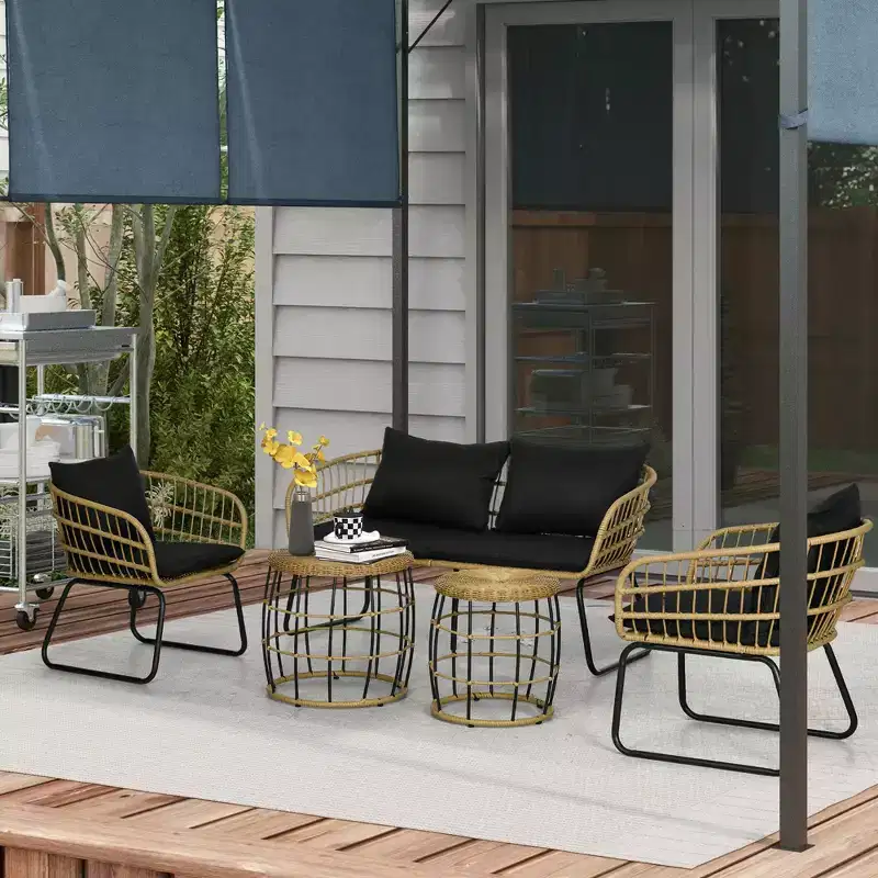 Outsunny 5 Piece PE Rattan Outdoor Furniture Set with Cushioned Chairs, Loveseat Sofa & Stackable Coffee Tables