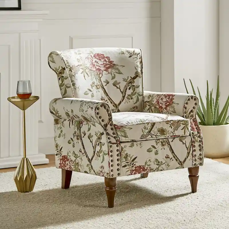 Traditional Polyester Accent Chair with Rolled Arms and Nailhead Trim