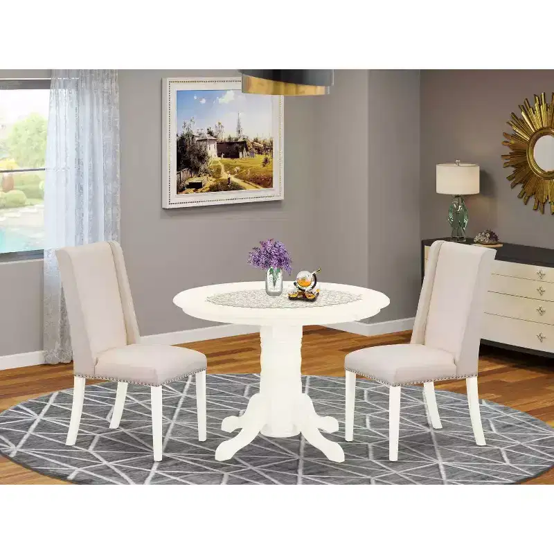 3-Pc Linen white Solid Wood Top - Round Upholstered Dining Room Set - Seats 4