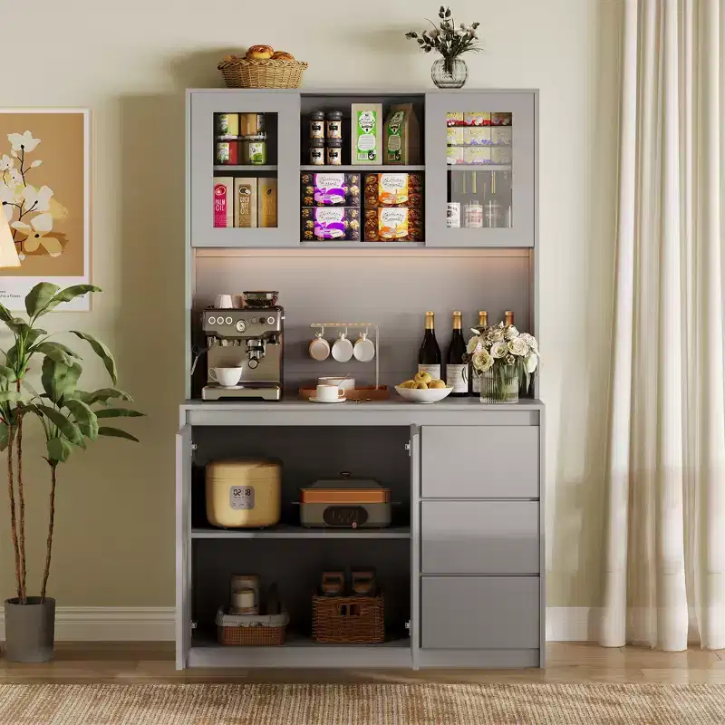 Kitchen pantry cabinet with door and adjustable shelves Corner pantry cabinet with microwave shelf, LED lighting, and charging station