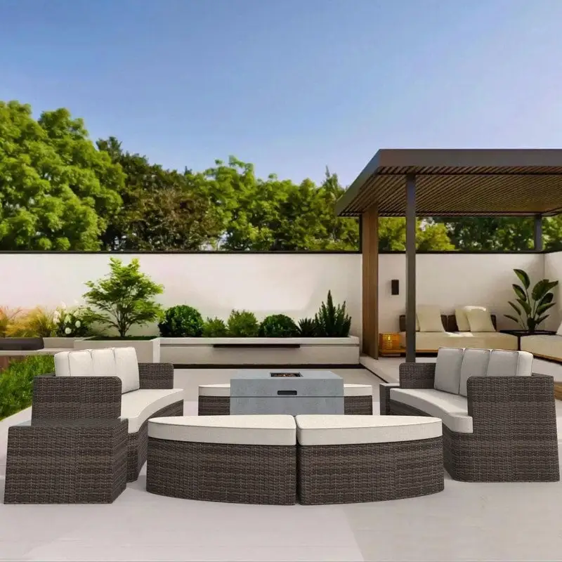 9-piece Patio Wicker Daybed Set with Concrete Fire Pit Table