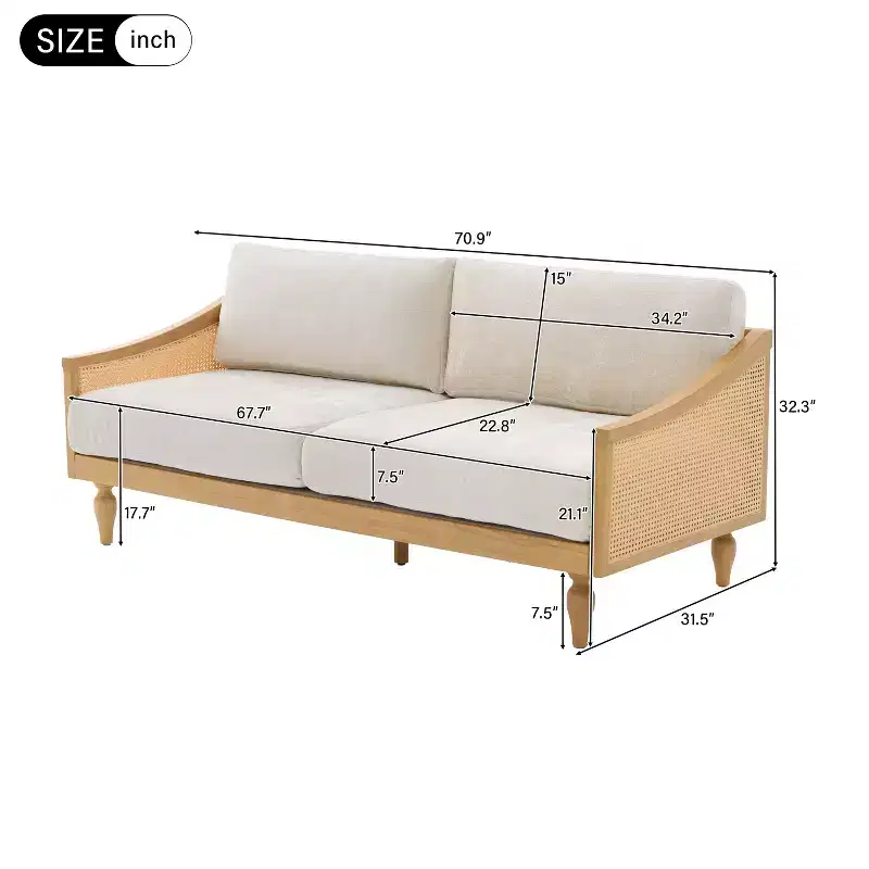 Christopher Knight Home Sachiko 70.9 Mid-Century Modern 2-Seater Rubberwood Chenille Upholstered Sofa with Rattan Armrests