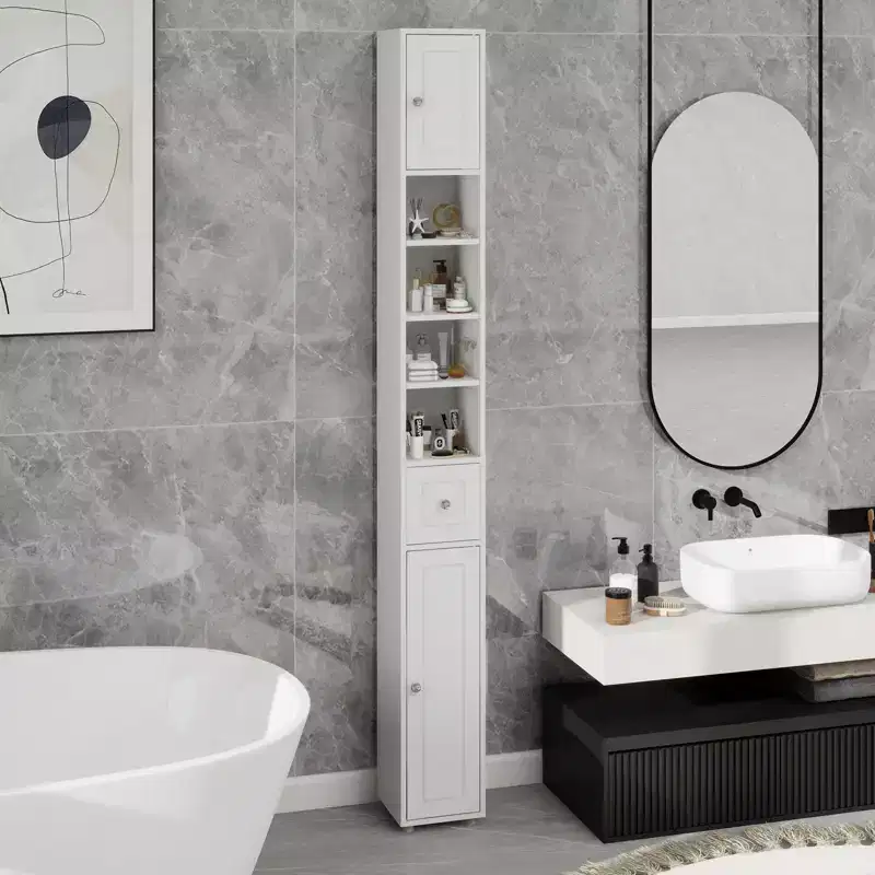 Tall Slim Bathroom Storage Cabinet with Drawer and Adjustable Shelves