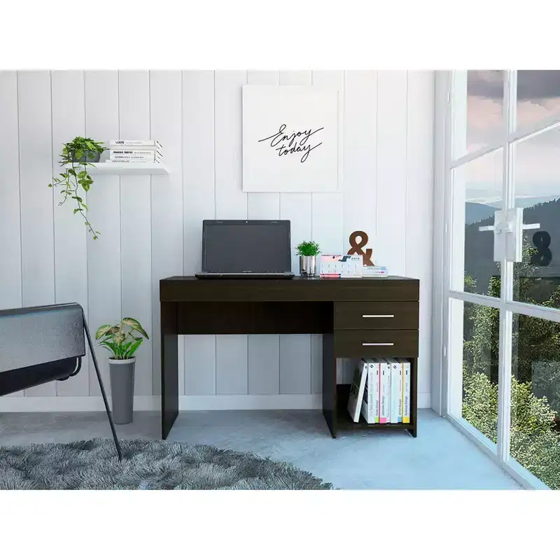 47.2 Inch Writing Computer Desk, Modern Study Desk with Open Bottom Shelf, Two Drawers for Home Office and Small Spaces, Black