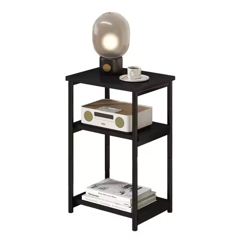 Modern Sofa Side Table, 3 Tier Wooden Narrow End Table, Small Bedroom Nightstand with Metal Frame, Accent Bedside Table for Small Space