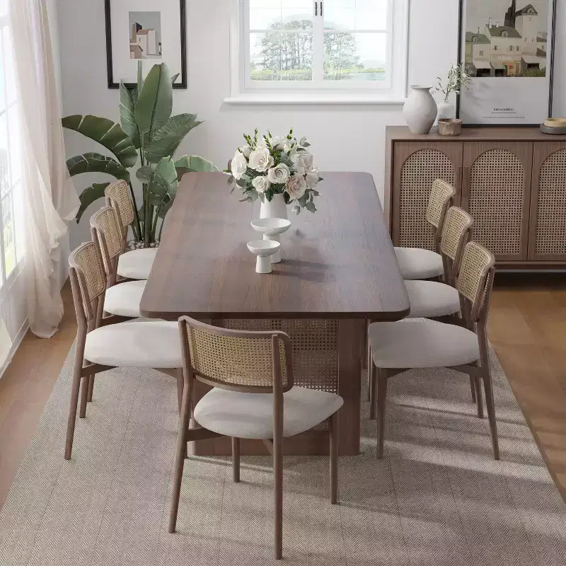 PexFix 79 x 33.5 Farmhouse Kitchen Dining Room Table Furniture Square Walnut Kitchen Table with Rattan Woven Legs for Kitchen Bar Living Room