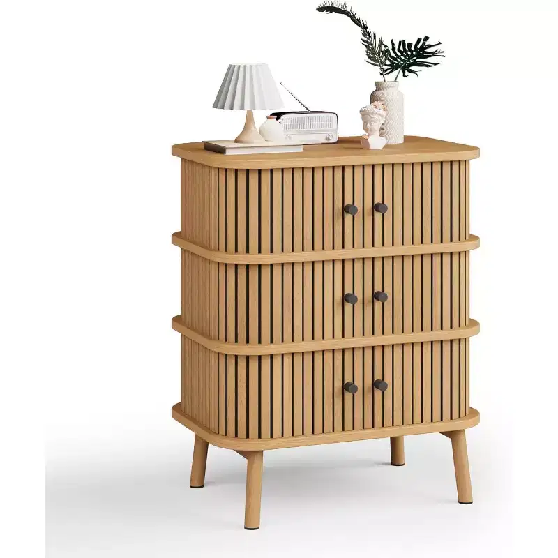 Mid-Century Wicker 3-Drawer Dresser, Natural Chest with Black Handles & Tapered Wood Legs