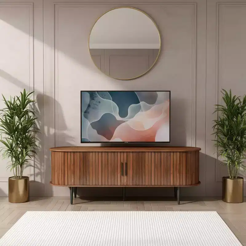 Modern Oval Walnut TV Stand with Fluted Doors and Storage Cabinets for Living Room, Walnut