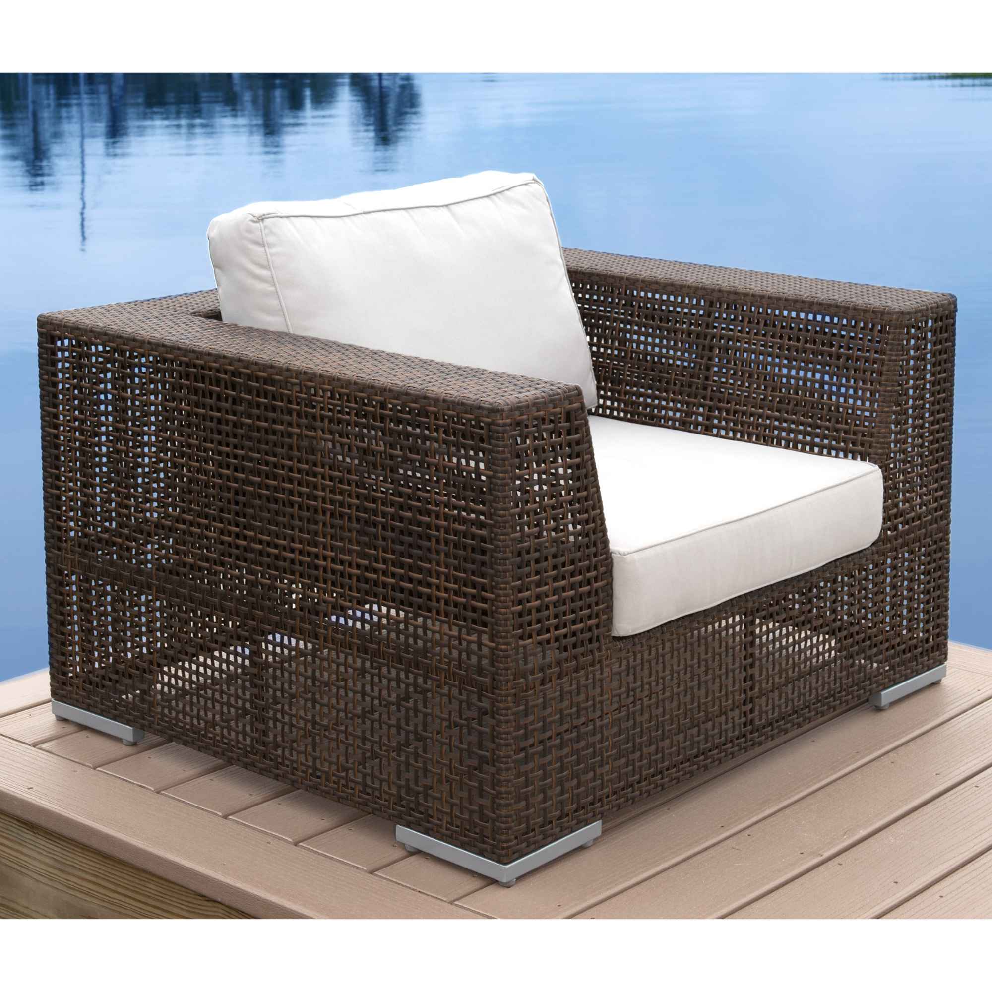 Java Brown Wicker Outdoor Lounge Chair with White Cushion