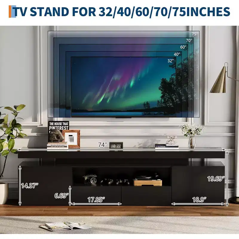 TV Stand for 75/80/85 Inch TV, Modern High Gloss Entertainment Center, Glass Storage Shelves, Media Console Table for Living Room & Bedroom