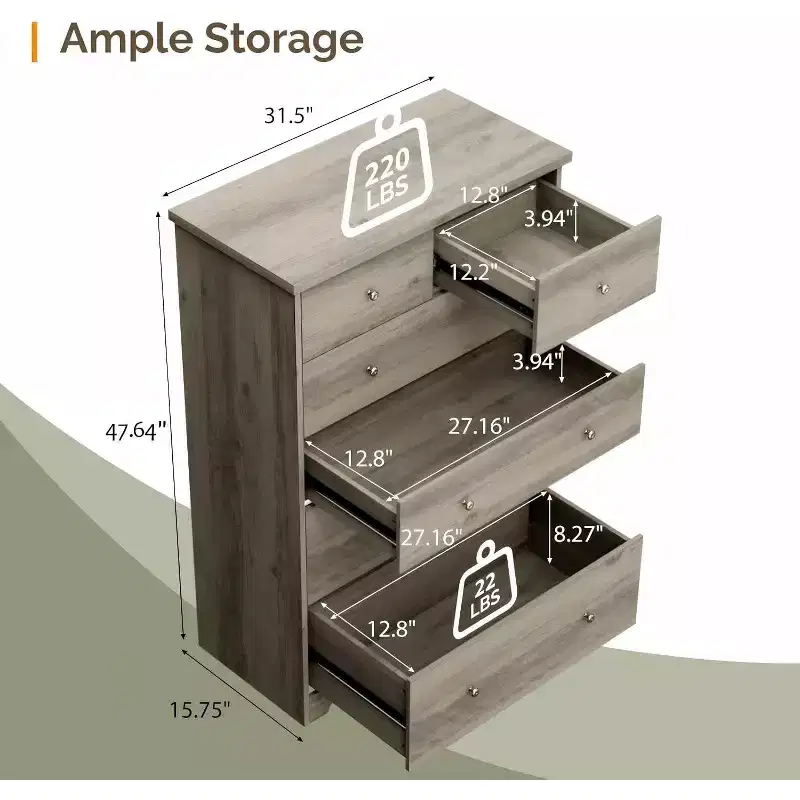 Tall Dresser Chest of Drawers, Grey Dresser 6 Drawer Chest, Wood Gray Dressers for Bedroom