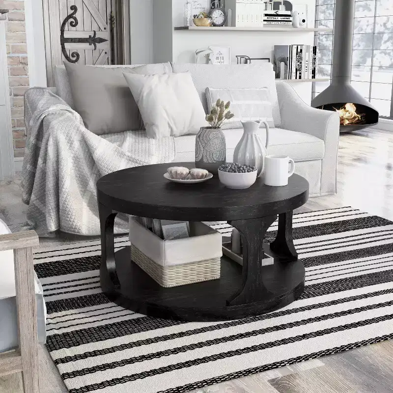 HOMES: Inside + OutSande Farmhouse Round Wood Coffee Table Antique Black: Fixed Shelf, Transitional Style