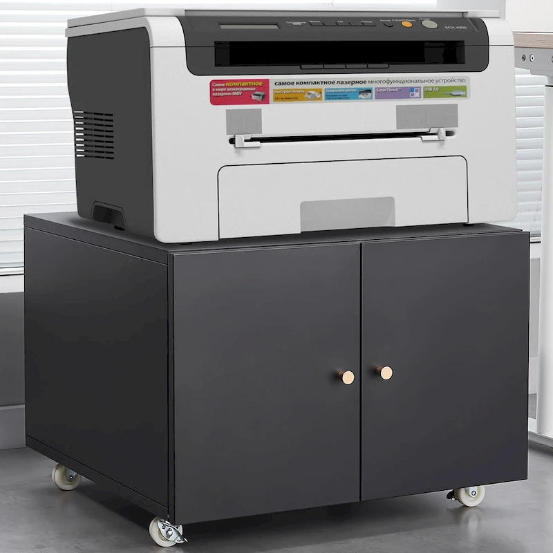 Black cabinet with 2 door and a sturdy steel printer stand