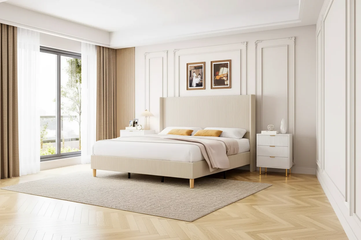 Gray Corduroy Wingback Platform Bed – Full/Queen/King, 2-Person