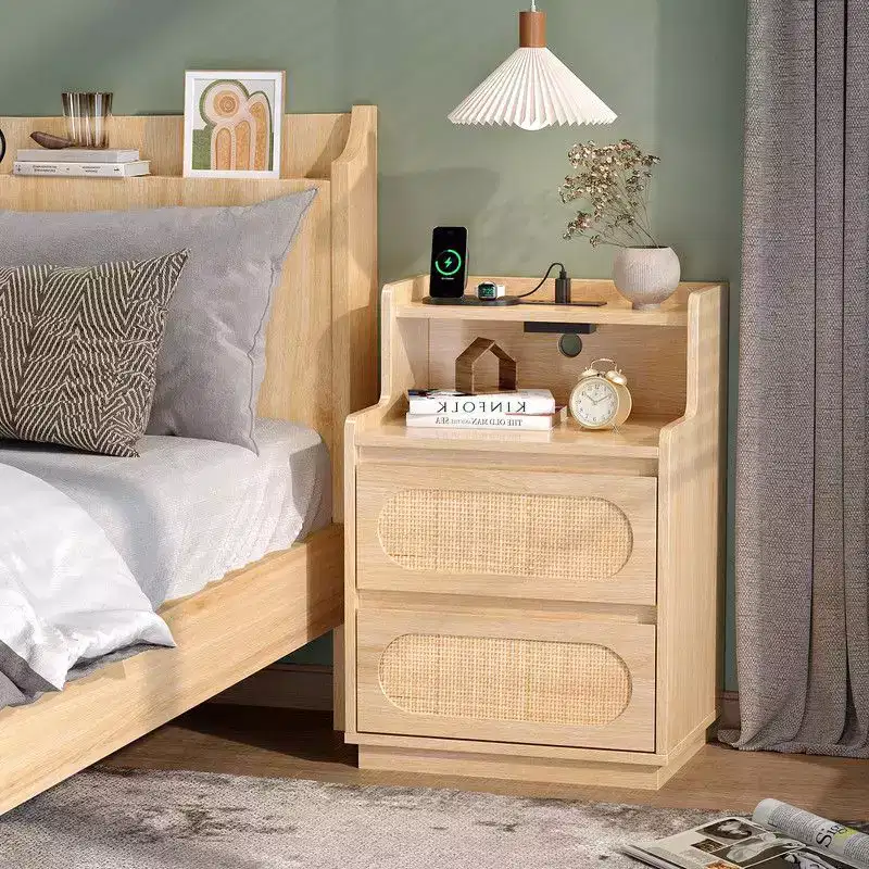 Karl Home Washed White Nightstand With 2 Drawers Shelf & US Power Outlet