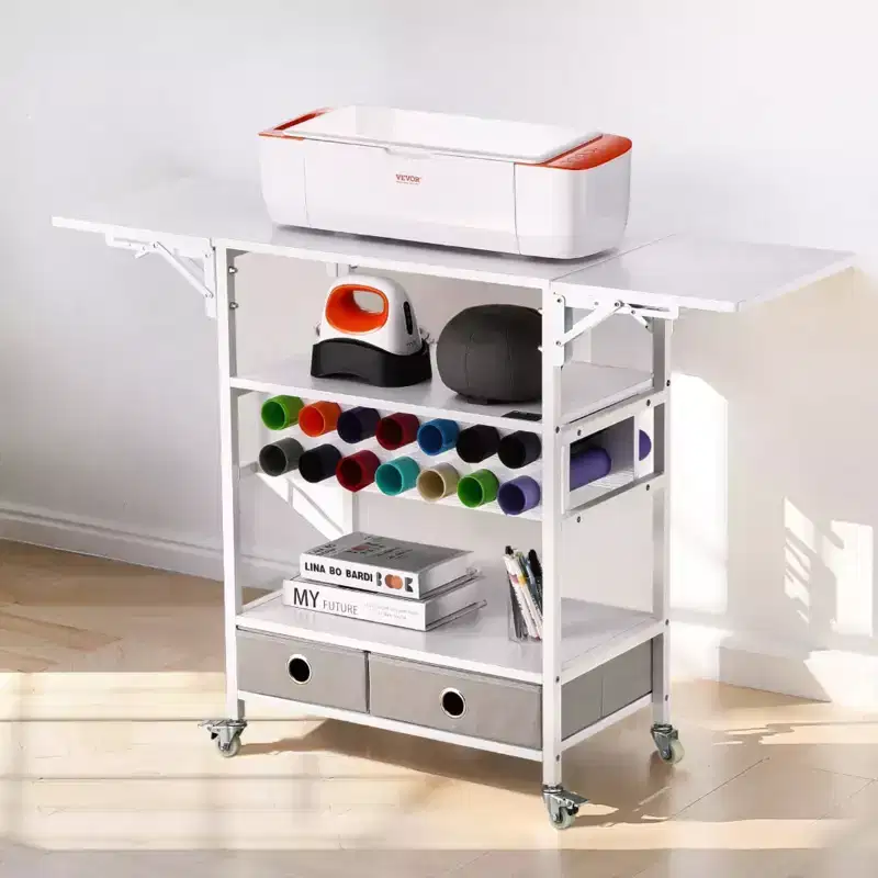Rolling Craft Cart & Storage Table, Compatible, Foldable Sides, 14 Vinyl Roll Holders & 2 Drawers