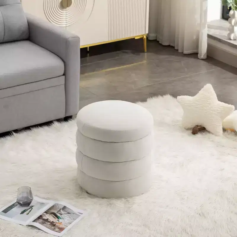 Soft Velvet Round Ottoman Footrest Stool,Ivory