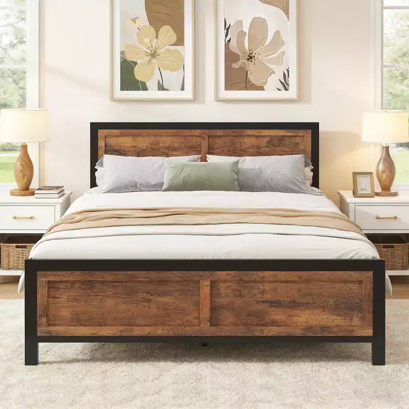 Metal & Wood Queen Platform Bed Frame with 4 Storage Drawers