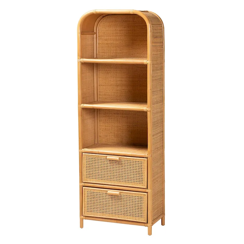 Bohemian Rattan 2-Drawer Bookcase with Open Shelves
