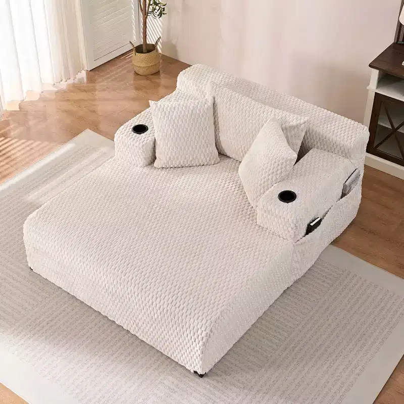 54 Chaise Lounge Chair, Turtle Velvet Single Sofa Chair, Upholstered Reading Chair With Pillows, Cup Holders, Side Pockets