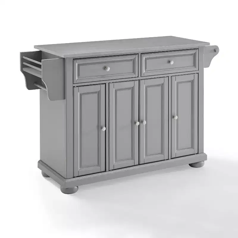Full-Size Kitchen Island Cart Gray with Stainless Steel Top and Storage