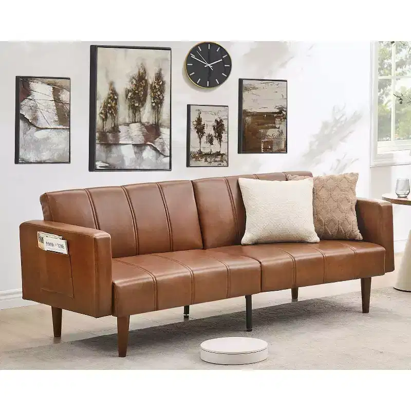 75 inch Futon Sofa Bed, Mid-Century Modern Futon Couch, Convertible Sleeper Sofa with Adjustable Backrest,Loveseat with Side Pockets, PU Leather Sofa