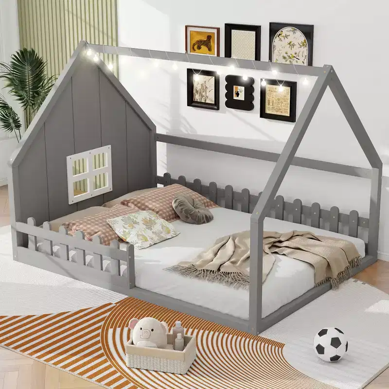 Whisen Full Size Wood House Bed with Window and Fence