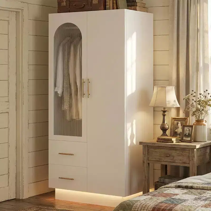 White 2-Door Storage Cabinet with Fluted Glass Panel and 2 Drawers