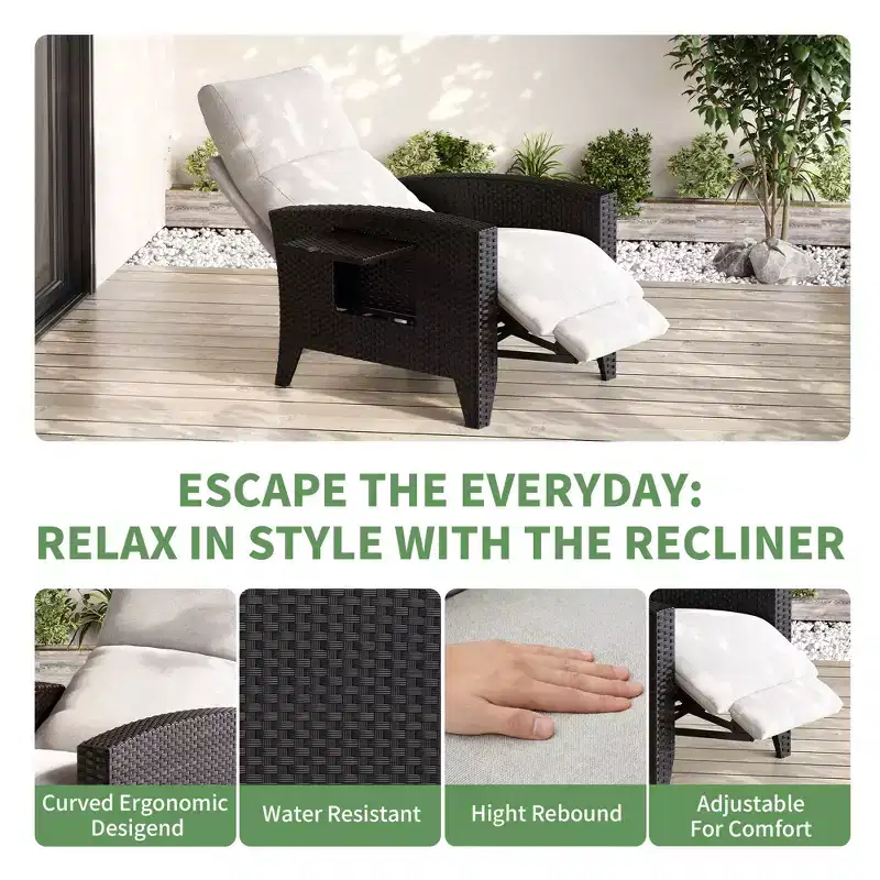 Wicker Recliner Chair with Adjustable Back & Footrest,150 Lay Flat Rattan Reclining Patio Chair with Extendable Side Table & Air Pump