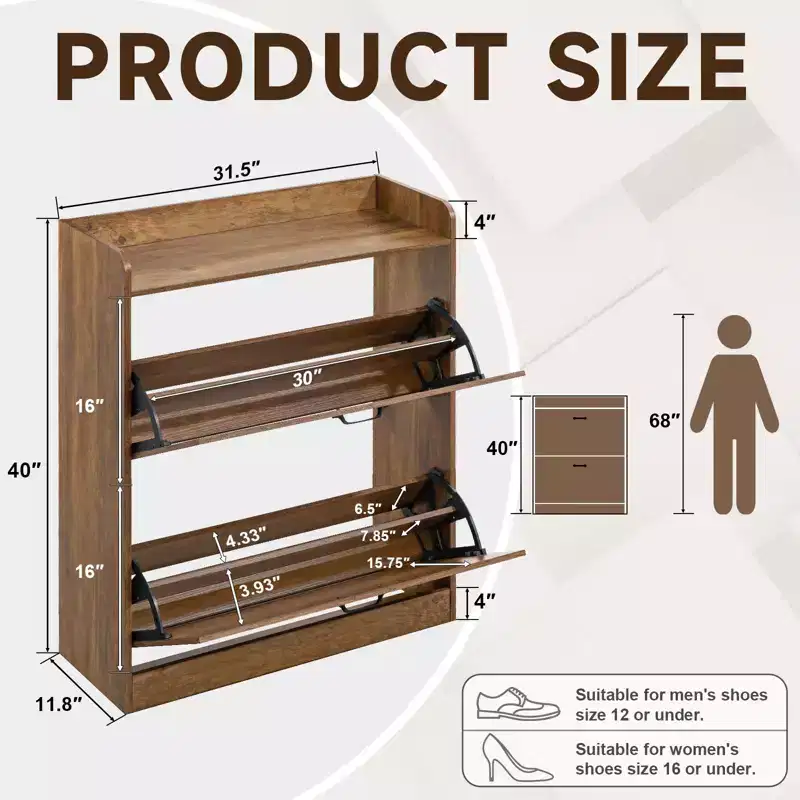 Farmhouse Wood Shoe Cabinet with 2 Flip Doors & Removable Shelves for Entryway