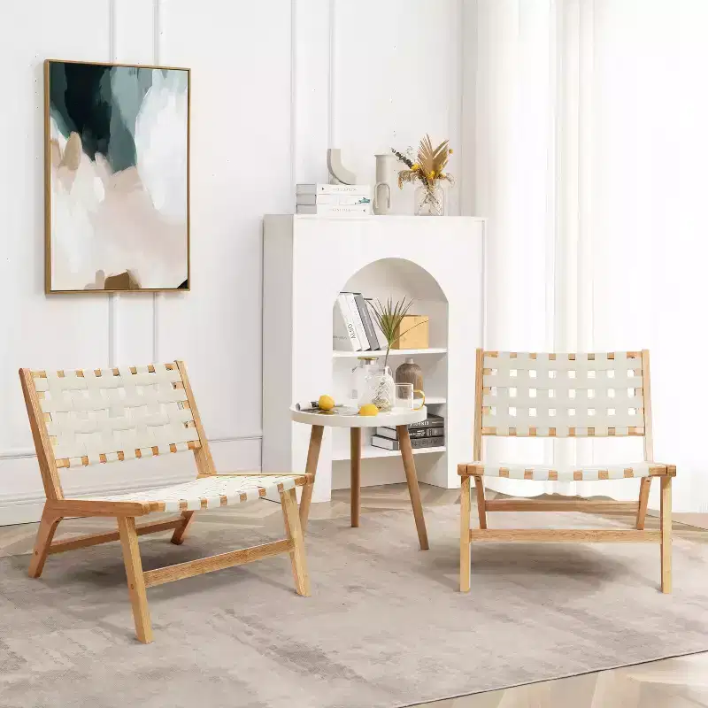 LuxenHome Natural Rubberwood with White PU Leather Low Profile Armless Accent Chair, Set of 2