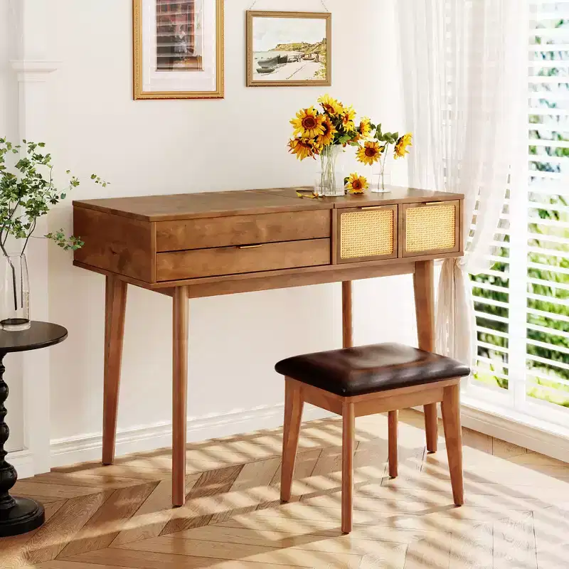Classic Wood Makeup Vanity Set Dressing Table with Flip-top Mirror and Stool