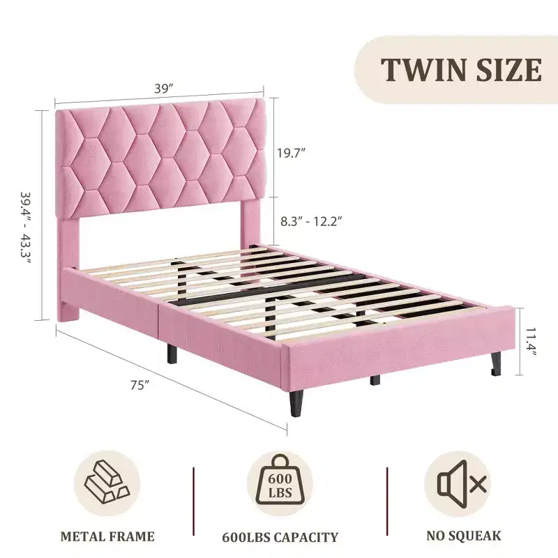 Bed Frame with Upholstered Headboard ,No Box Spring Needed, Noise Free, Easy Assembly, Pink