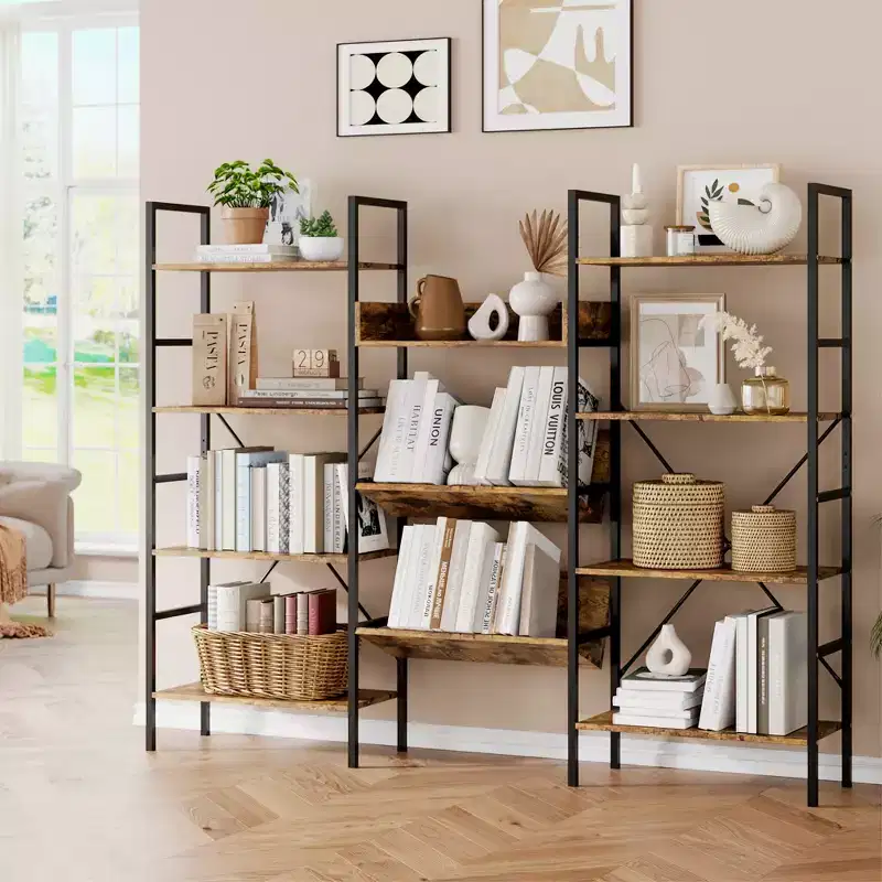 Industrial Bookcase,Triple Wide 4 Tiers Industrial Bookshelf with 11 Open Display Shelves,Open Record Player Shelves with Metal Frame for Living Room