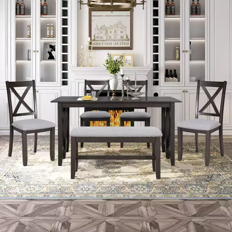 Whisen 6-Piece Family Foldable Table Dining Set with 4 Chairs and Bench