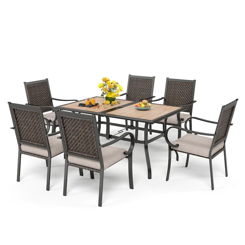 MAISON ARTS 7-piece Patio Dining Set, 6 Rattan Chairs with Cushion and 1 Table with Umbrella Hole - N/A