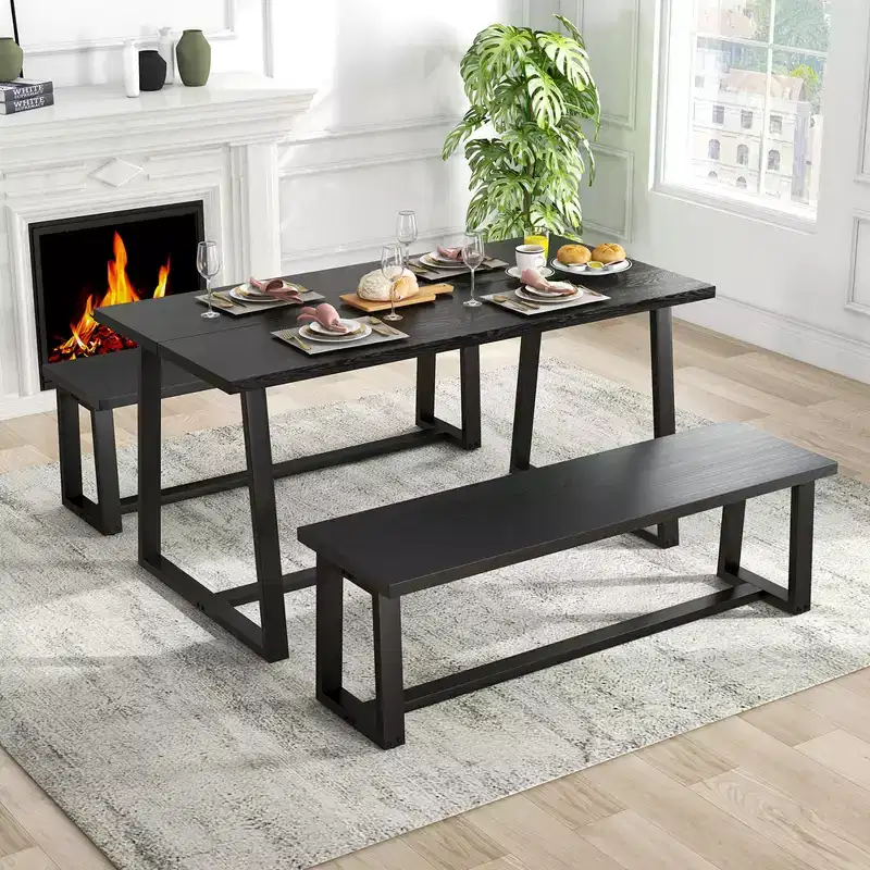 Costway 63 Large Dining Table for 4-6 People with Heavy-duty Metal Frame Modern Black/Coffee