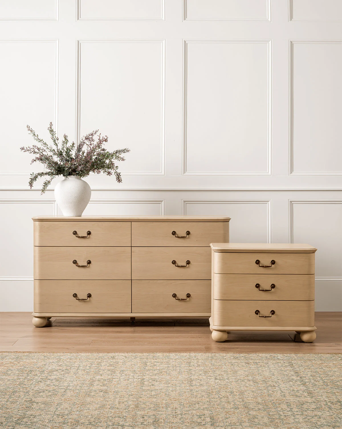 Classic Light Wood Dresser with Brass Hardware & Bun Feet for Bedroom